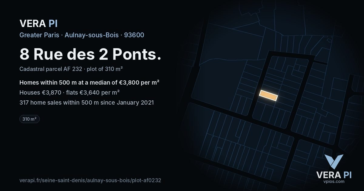 8 Rue des 2 Ponts, Aulnay-sous-Bois at night – the plot lit, the parcels around coloured by the prices near them