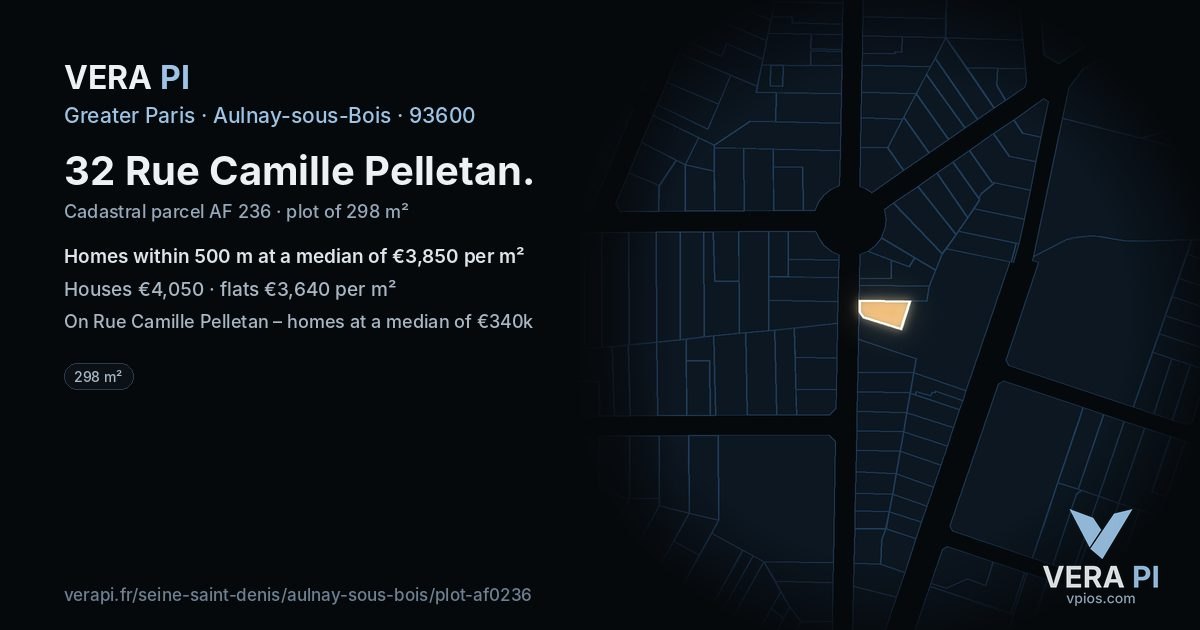 32 Rue Camille Pelletan, Aulnay-sous-Bois at night – the plot lit, the parcels around coloured by the prices near them