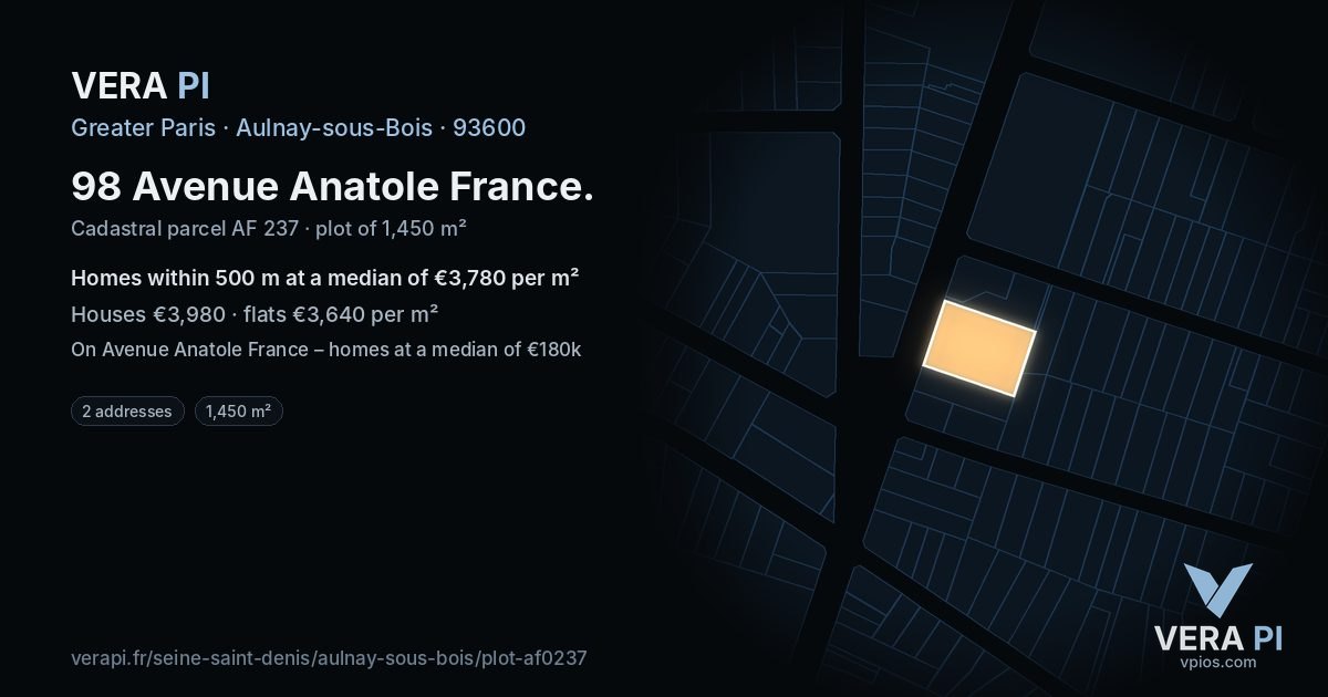 98 Avenue Anatole France, Aulnay-sous-Bois at night – the plot lit, the parcels around coloured by the prices near them