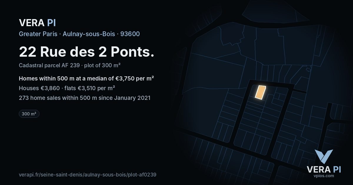 22 Rue des 2 Ponts, Aulnay-sous-Bois at night – the plot lit, the parcels around coloured by the prices near them