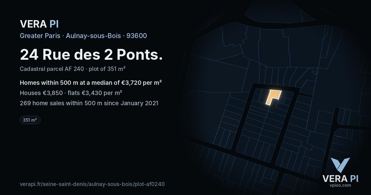 24 Rue des 2 Ponts, Aulnay-sous-Bois at night – the plot lit, the parcels around coloured by the prices near them