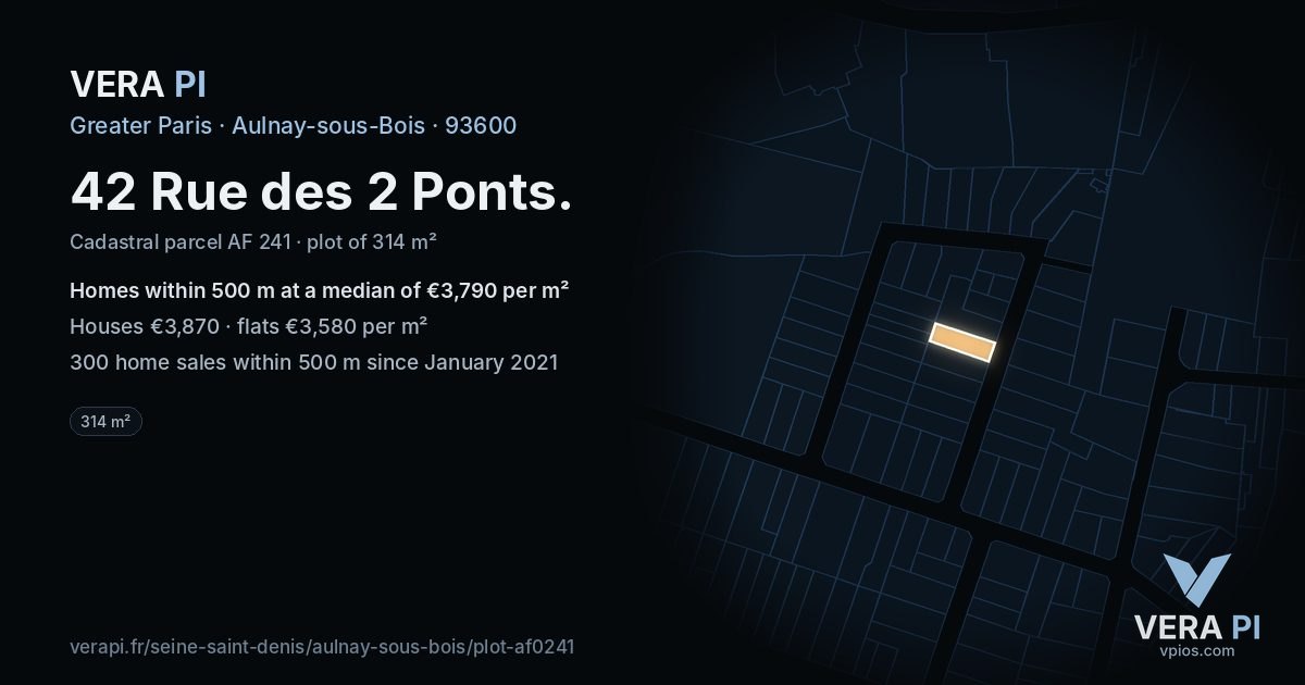 42 Rue des 2 Ponts, Aulnay-sous-Bois at night – the plot lit, the parcels around coloured by the prices near them