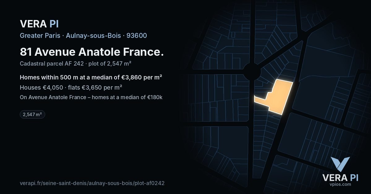 81 Avenue Anatole France, Aulnay-sous-Bois at night – the plot lit, the parcels around coloured by the prices near them