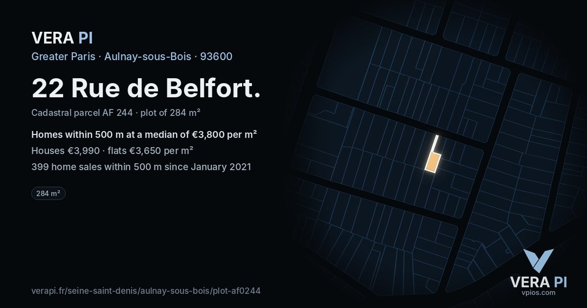 22 Rue de Belfort, Aulnay-sous-Bois at night – the plot lit, the parcels around coloured by the prices near them
