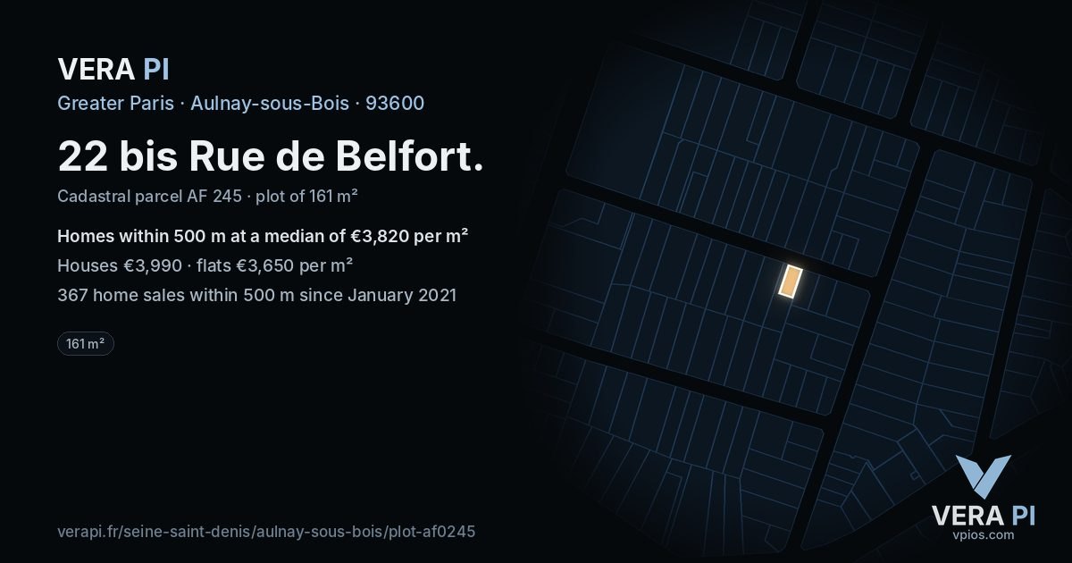 22 bis Rue de Belfort, Aulnay-sous-Bois at night – the plot lit, the parcels around coloured by the prices near them