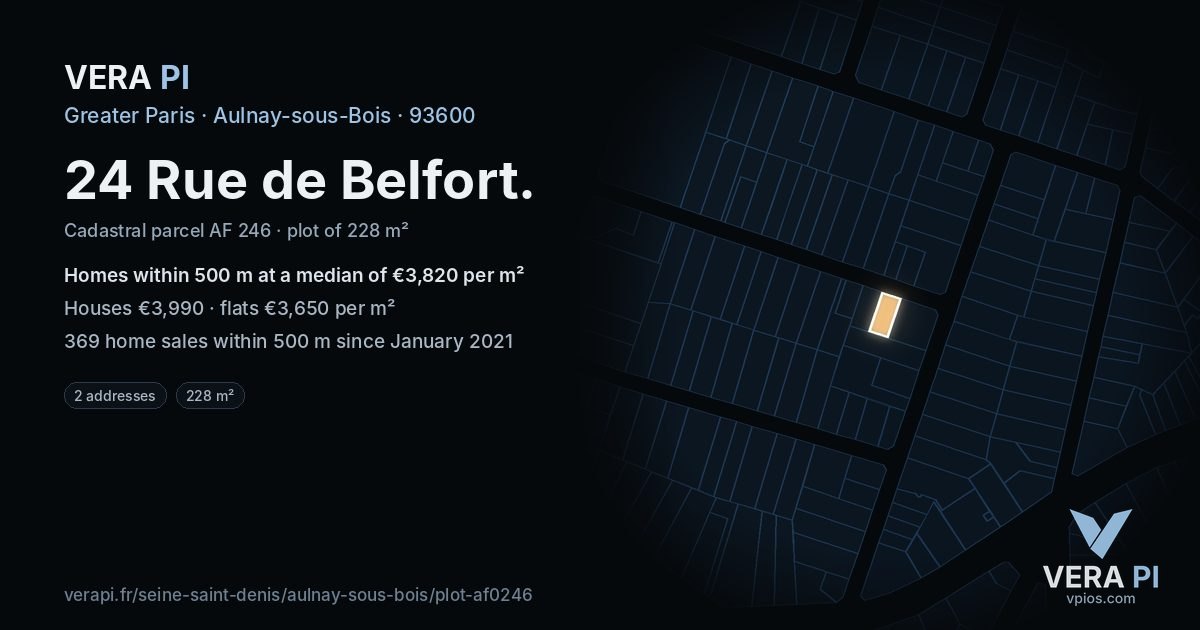 24 Rue de Belfort, Aulnay-sous-Bois at night – the plot lit, the parcels around coloured by the prices near them