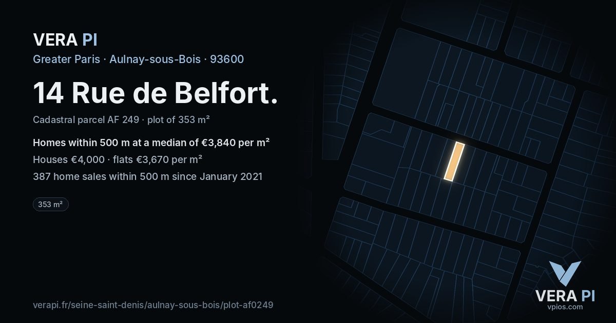 14 Rue de Belfort, Aulnay-sous-Bois at night – the plot lit, the parcels around coloured by the prices near them