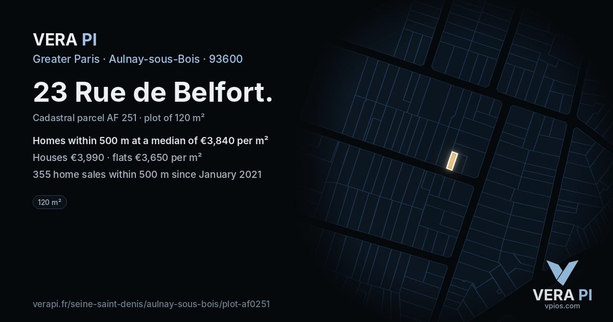 23 Rue de Belfort, Aulnay-sous-Bois at night – the plot lit, the parcels around coloured by the prices near them