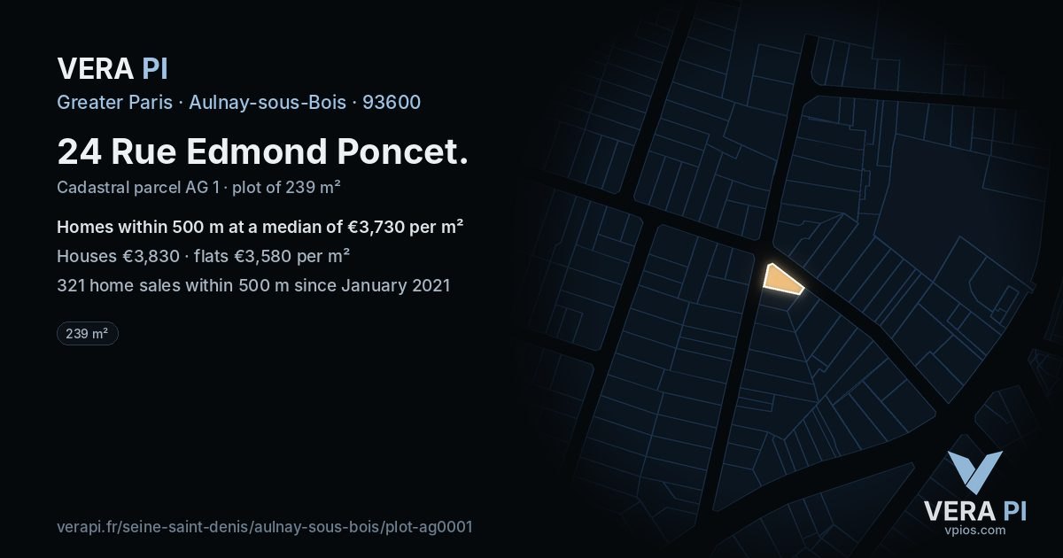 24 Rue Edmond Poncet, Aulnay-sous-Bois at night – the plot lit, the parcels around coloured by the prices near them