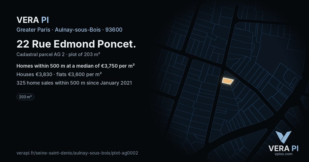 22 Rue Edmond Poncet, Aulnay-sous-Bois at night – the plot lit, the parcels around coloured by the prices near them