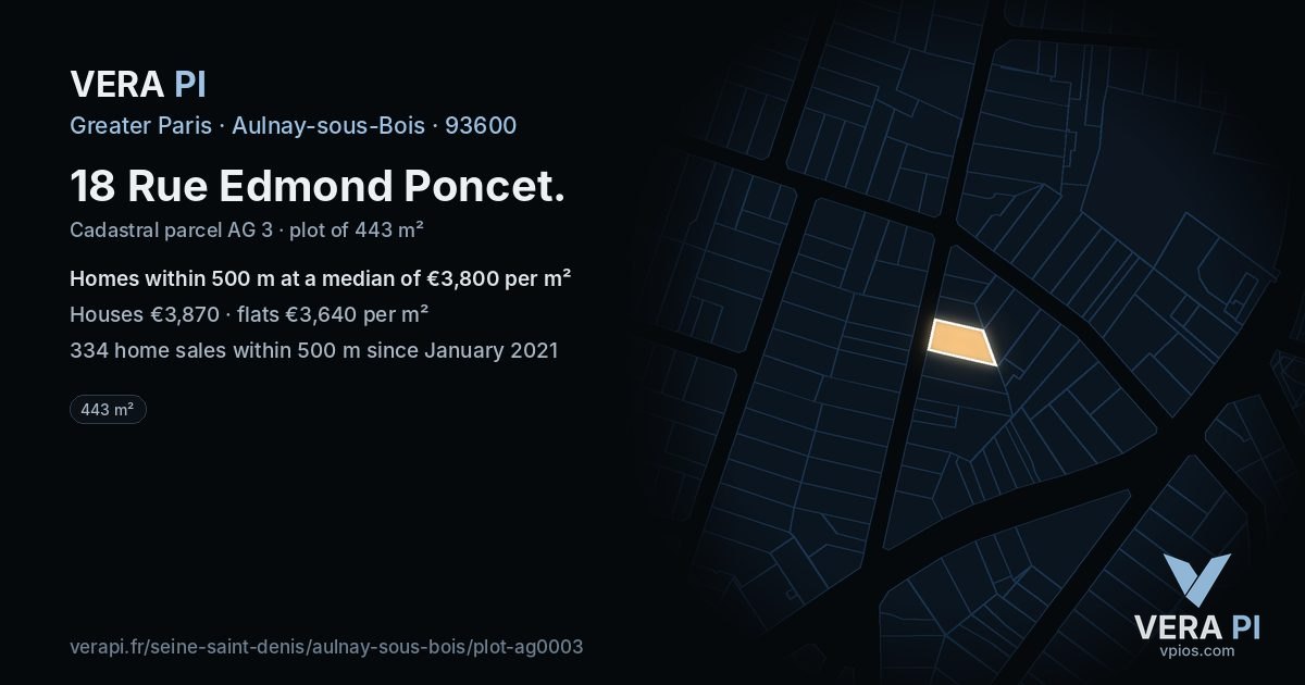 18 Rue Edmond Poncet, Aulnay-sous-Bois at night – the plot lit, the parcels around coloured by the prices near them