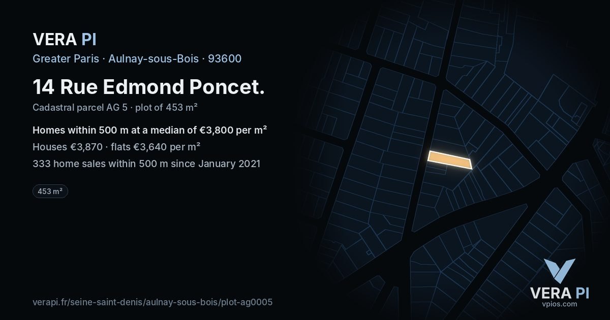 14 Rue Edmond Poncet, Aulnay-sous-Bois at night – the plot lit, the parcels around coloured by the prices near them
