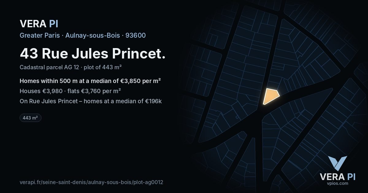 43 Rue Jules Princet, Aulnay-sous-Bois at night – the plot lit, the parcels around coloured by the prices near them