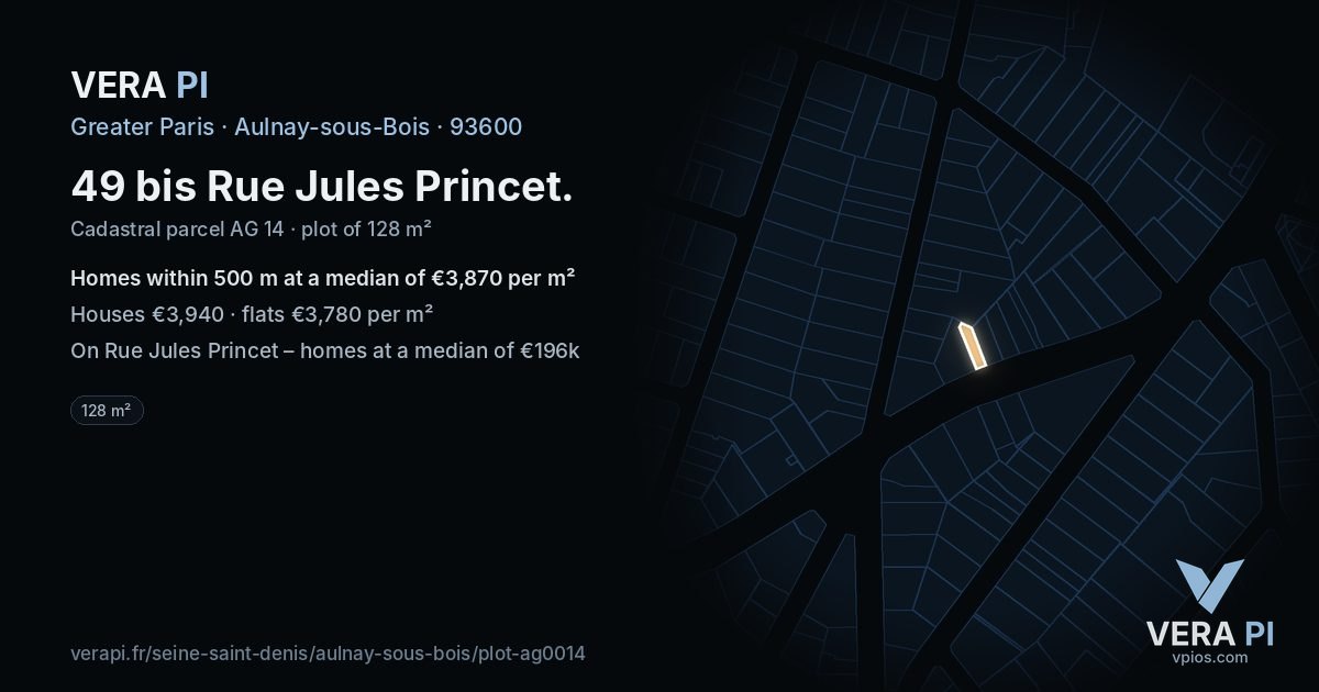49 bis Rue Jules Princet, Aulnay-sous-Bois at night – the plot lit, the parcels around coloured by the prices near them