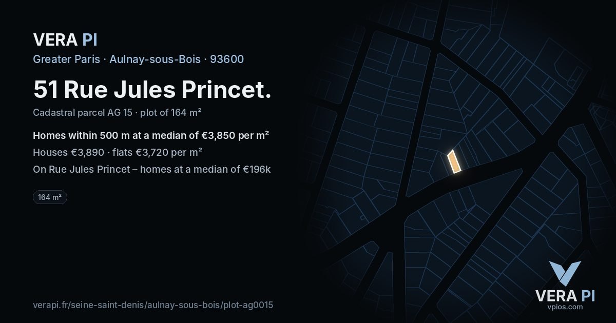 51 Rue Jules Princet, Aulnay-sous-Bois at night – the plot lit, the parcels around coloured by the prices near them
