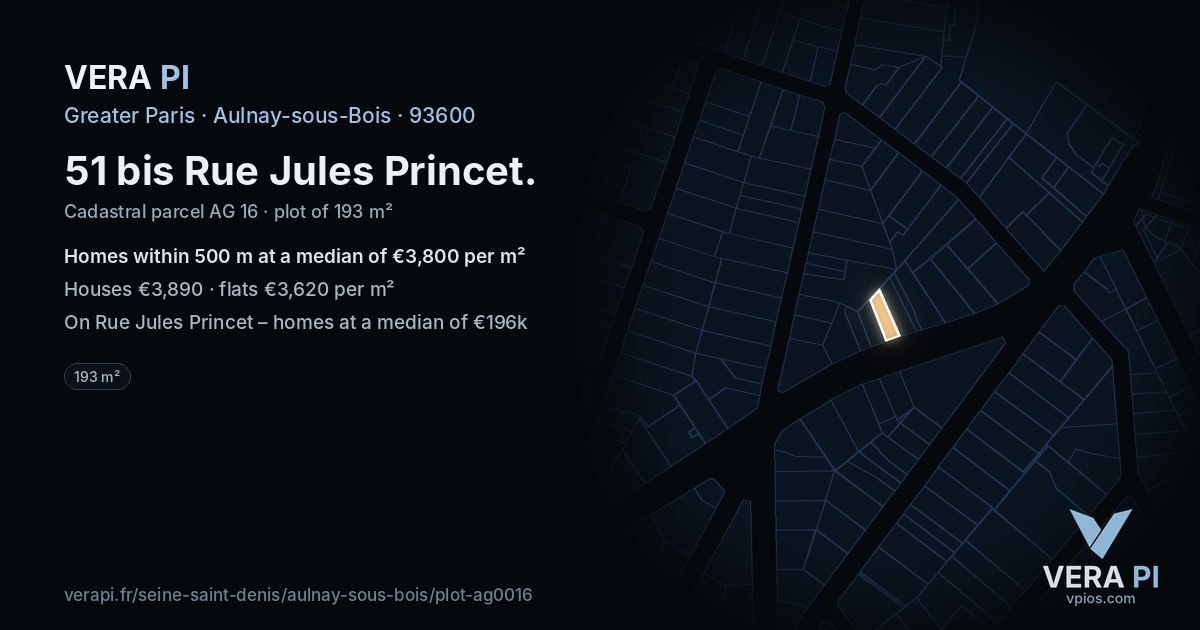 51 bis Rue Jules Princet, Aulnay-sous-Bois at night – the plot lit, the parcels around coloured by the prices near them