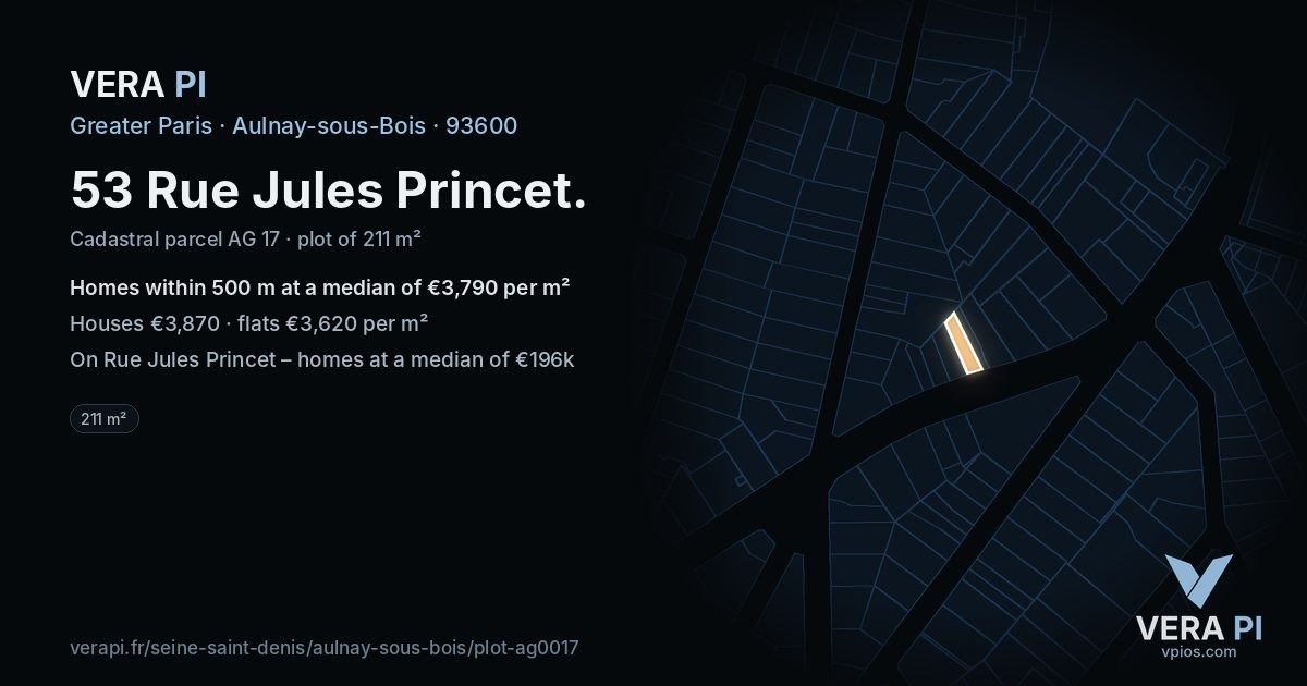 53 Rue Jules Princet, Aulnay-sous-Bois at night – the plot lit, the parcels around coloured by the prices near them