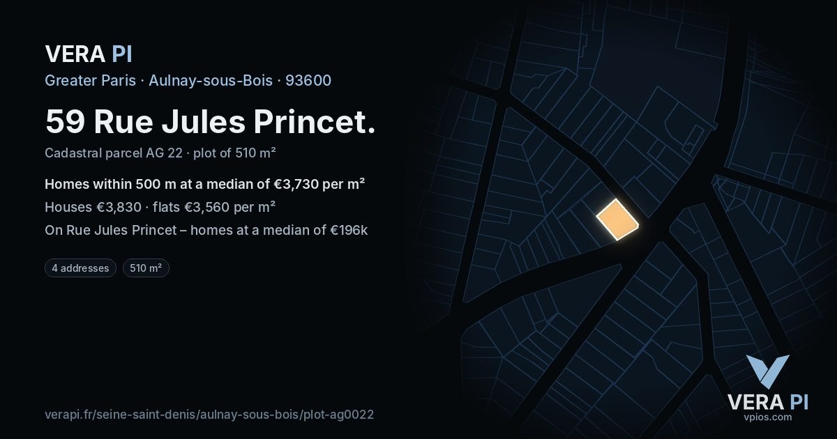 59 Rue Jules Princet, Aulnay-sous-Bois at night – the plot lit, the parcels around coloured by the prices near them