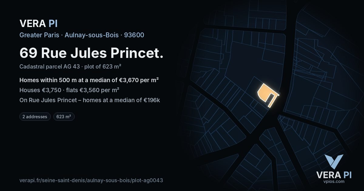 69 Rue Jules Princet, Aulnay-sous-Bois at night – the plot lit, the parcels around coloured by the prices near them