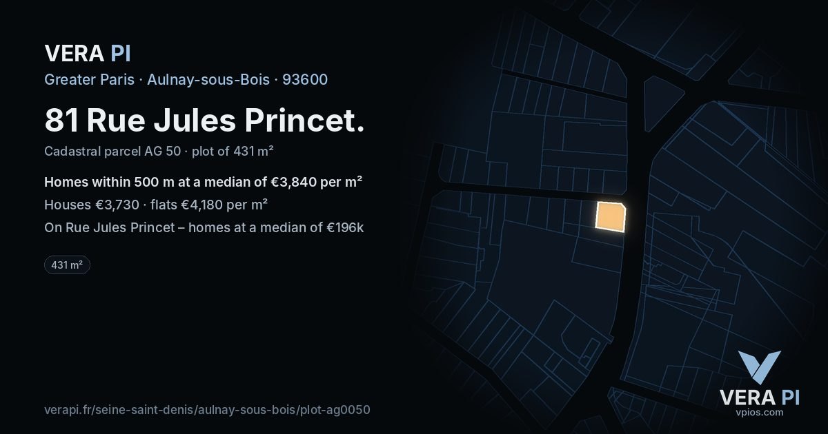 81 Rue Jules Princet, Aulnay-sous-Bois at night – the plot lit, the parcels around coloured by the prices near them