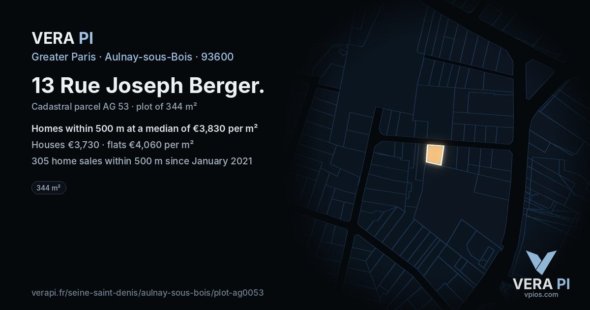 13 Rue Joseph Berger, Aulnay-sous-Bois at night – the plot lit, the parcels around coloured by the prices near them