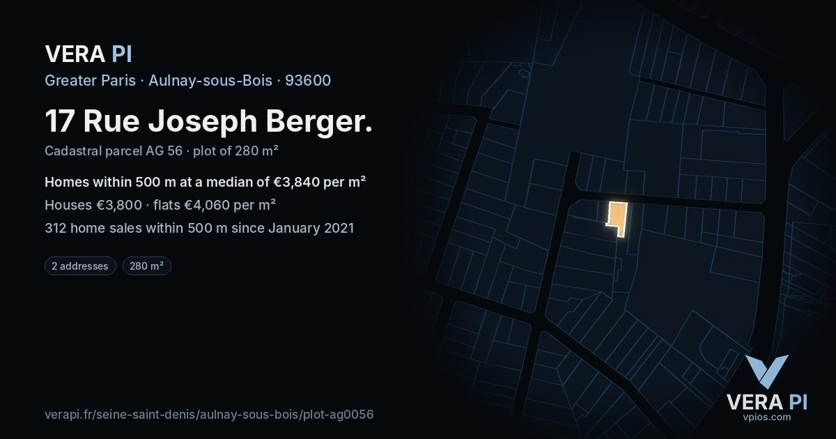 17 Rue Joseph Berger, Aulnay-sous-Bois at night – the plot lit, the parcels around coloured by the prices near them
