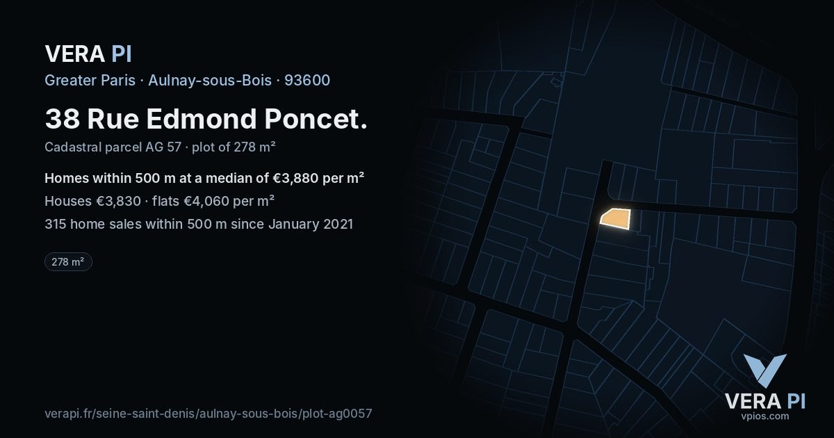 38 Rue Edmond Poncet, Aulnay-sous-Bois at night – the plot lit, the parcels around coloured by the prices near them