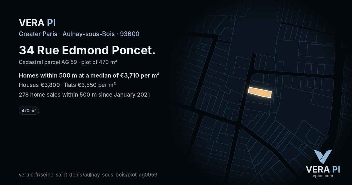 34 Rue Edmond Poncet, Aulnay-sous-Bois at night – the plot lit, the parcels around coloured by the prices near them