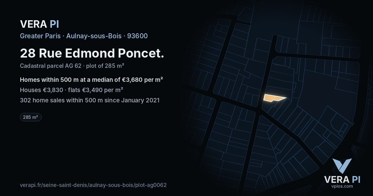 28 Rue Edmond Poncet, Aulnay-sous-Bois at night – the plot lit, the parcels around coloured by the prices near them