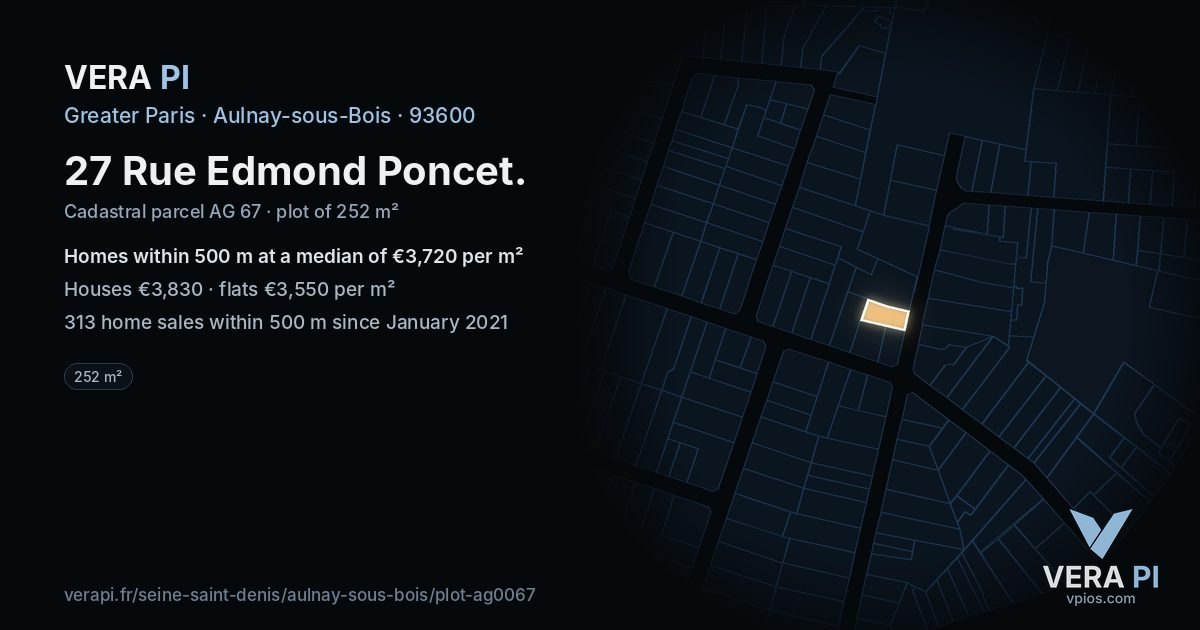 27 Rue Edmond Poncet, Aulnay-sous-Bois at night – the plot lit, the parcels around coloured by the prices near them