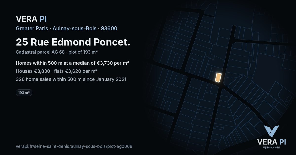 25 Rue Edmond Poncet, Aulnay-sous-Bois at night – the plot lit, the parcels around coloured by the prices near them