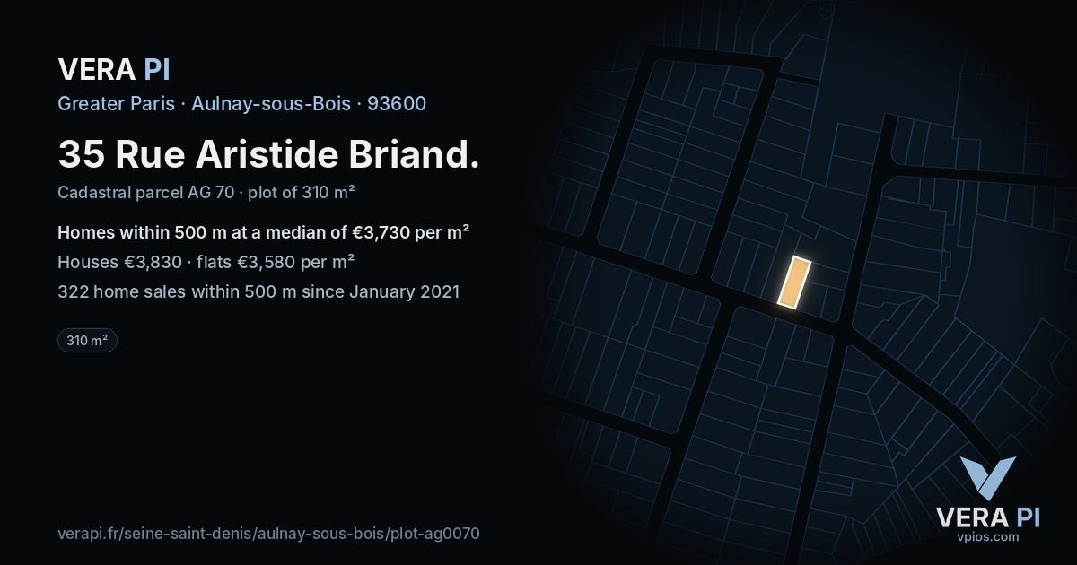 35 Rue Aristide Briand, Aulnay-sous-Bois at night – the plot lit, the parcels around coloured by the prices near them