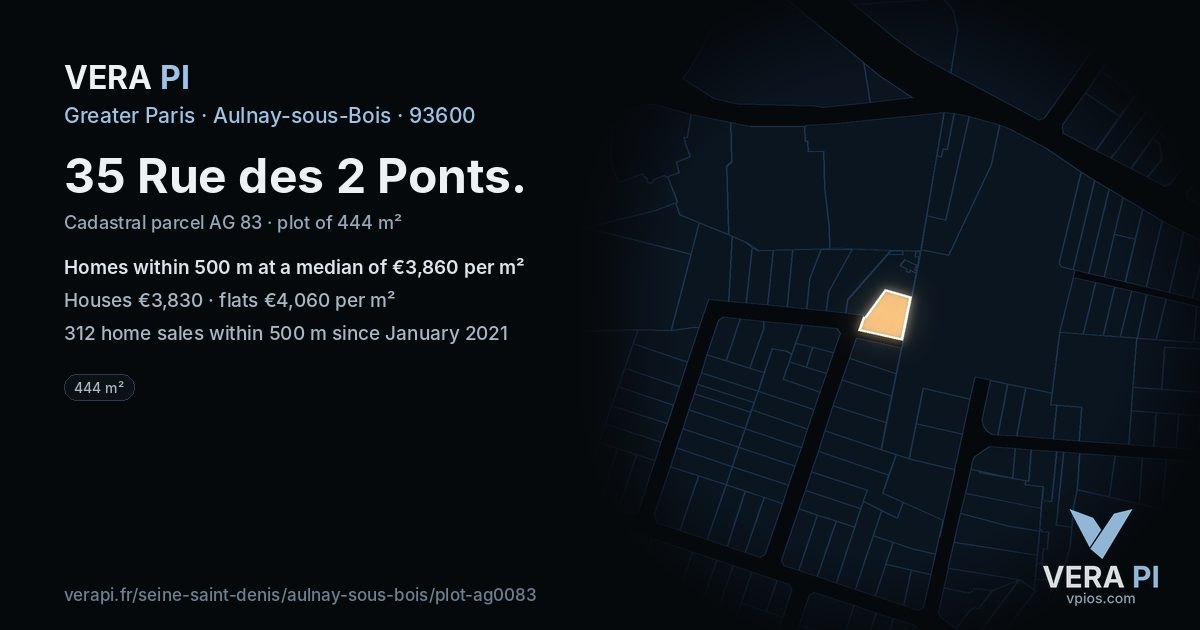35 Rue des 2 Ponts, Aulnay-sous-Bois at night – the plot lit, the parcels around coloured by the prices near them