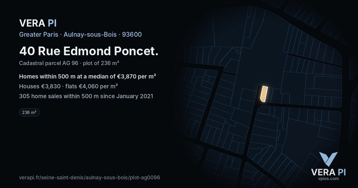 40 Rue Edmond Poncet, Aulnay-sous-Bois at night – the plot lit, the parcels around coloured by the prices near them