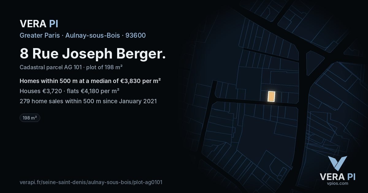 8 Rue Joseph Berger, Aulnay-sous-Bois at night – the plot lit, the parcels around coloured by the prices near them