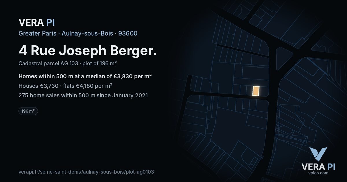 4 Rue Joseph Berger, Aulnay-sous-Bois at night – the plot lit, the parcels around coloured by the prices near them