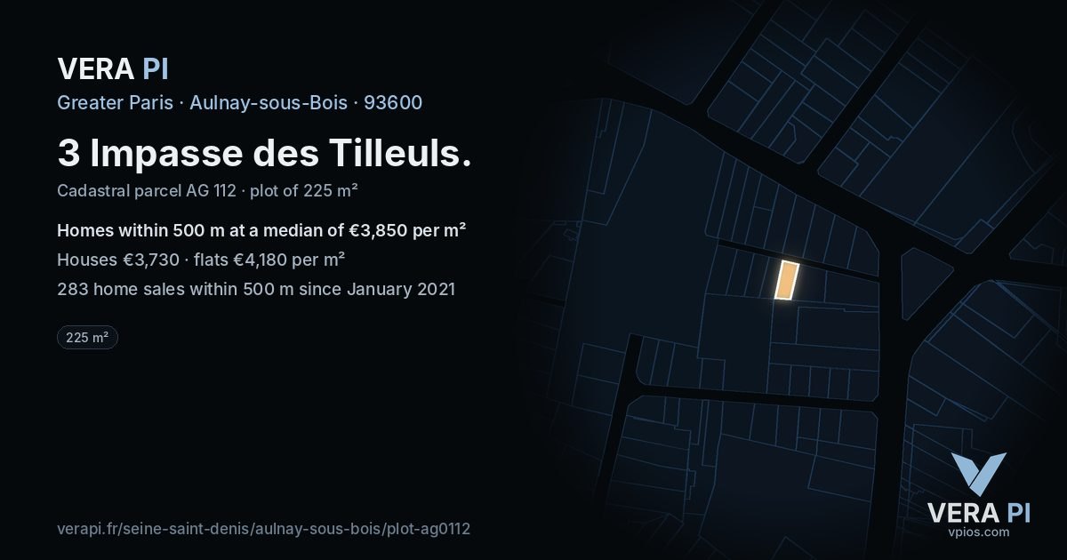 3 Impasse des Tilleuls, Aulnay-sous-Bois at night – the plot lit, the parcels around coloured by the prices near them