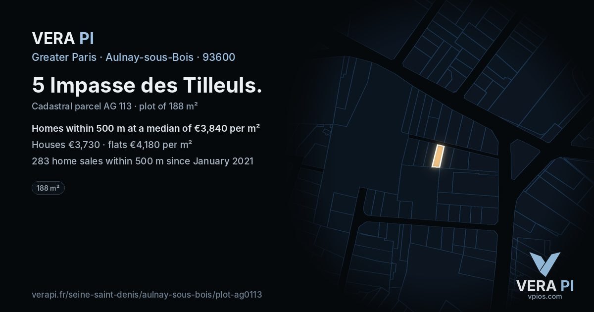 5 Impasse des Tilleuls, Aulnay-sous-Bois at night – the plot lit, the parcels around coloured by the prices near them