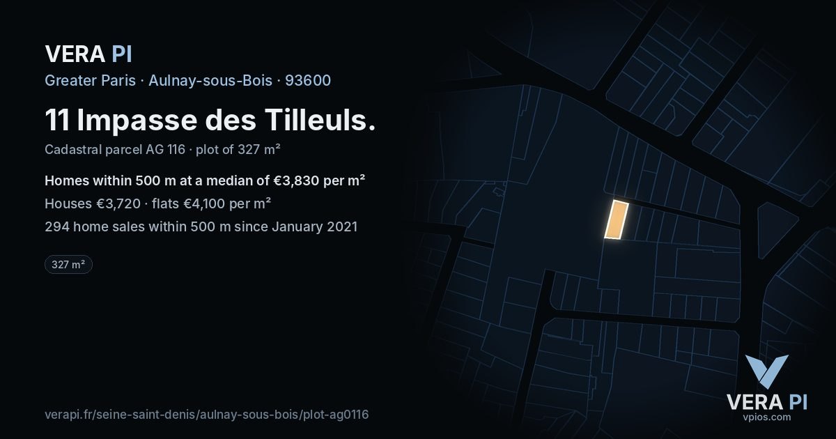 11 Impasse des Tilleuls, Aulnay-sous-Bois at night – the plot lit, the parcels around coloured by the prices near them
