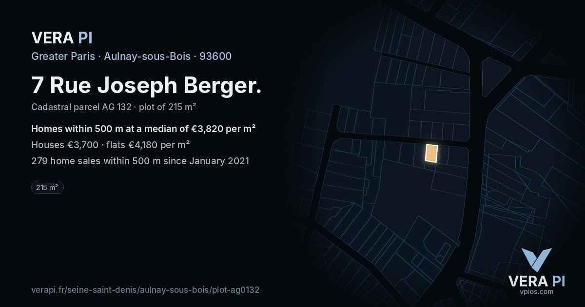 7 Rue Joseph Berger, Aulnay-sous-Bois at night – the plot lit, the parcels around coloured by the prices near them