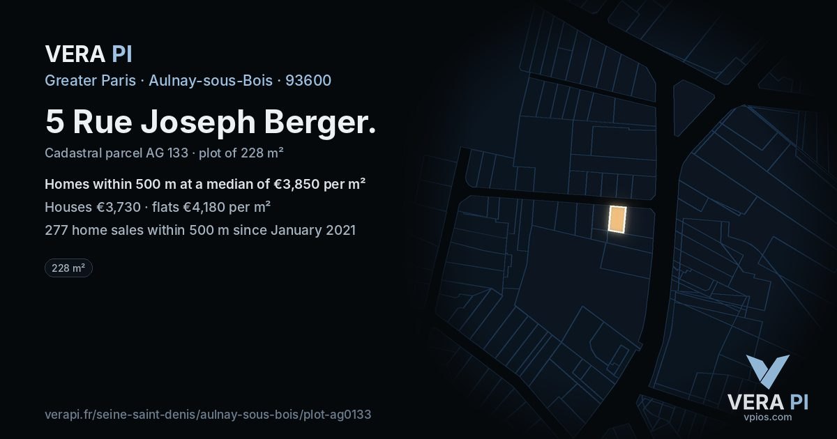 5 Rue Joseph Berger, Aulnay-sous-Bois at night – the plot lit, the parcels around coloured by the prices near them