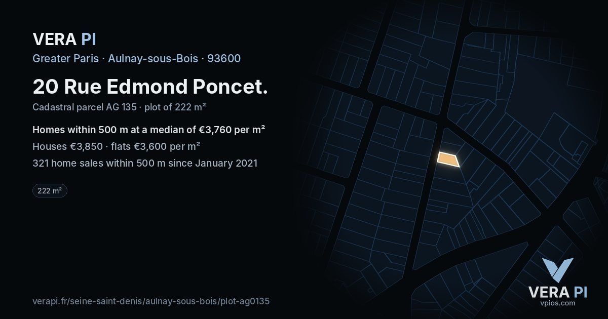 20 Rue Edmond Poncet, Aulnay-sous-Bois at night – the plot lit, the parcels around coloured by the prices near them
