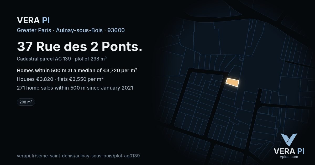 37 Rue des 2 Ponts, Aulnay-sous-Bois at night – the plot lit, the parcels around coloured by the prices near them