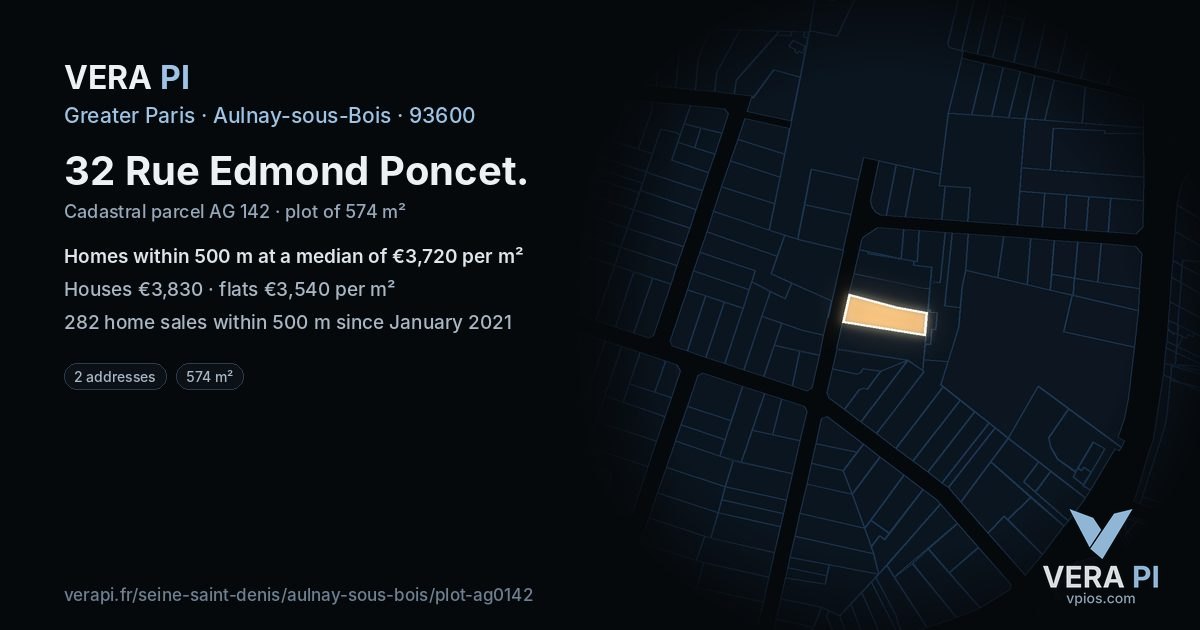 32 Rue Edmond Poncet, Aulnay-sous-Bois at night – the plot lit, the parcels around coloured by the prices near them