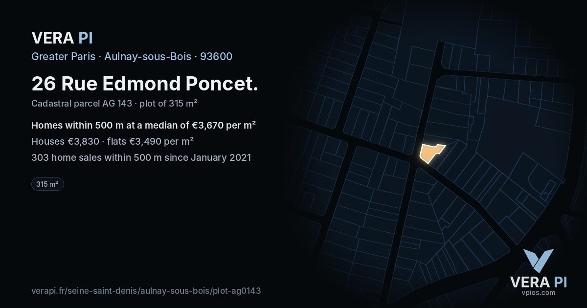 26 Rue Edmond Poncet, Aulnay-sous-Bois at night – the plot lit, the parcels around coloured by the prices near them