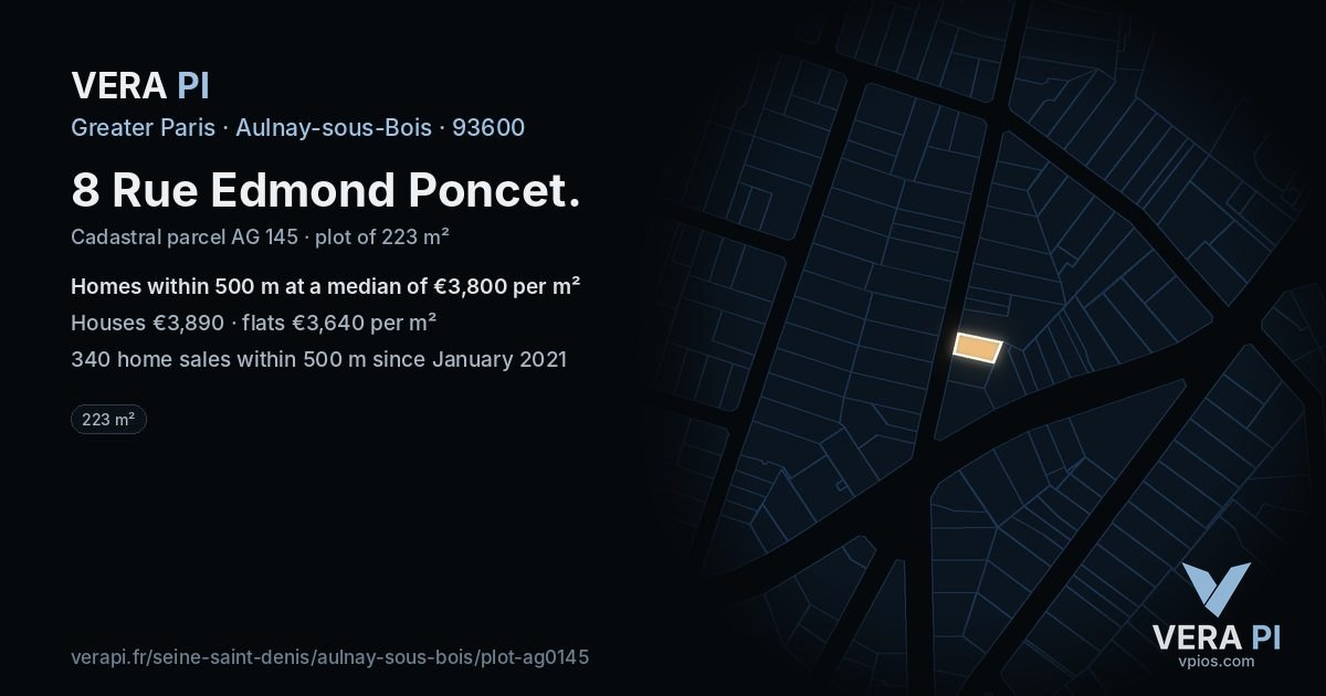 8 Rue Edmond Poncet, Aulnay-sous-Bois at night – the plot lit, the parcels around coloured by the prices near them