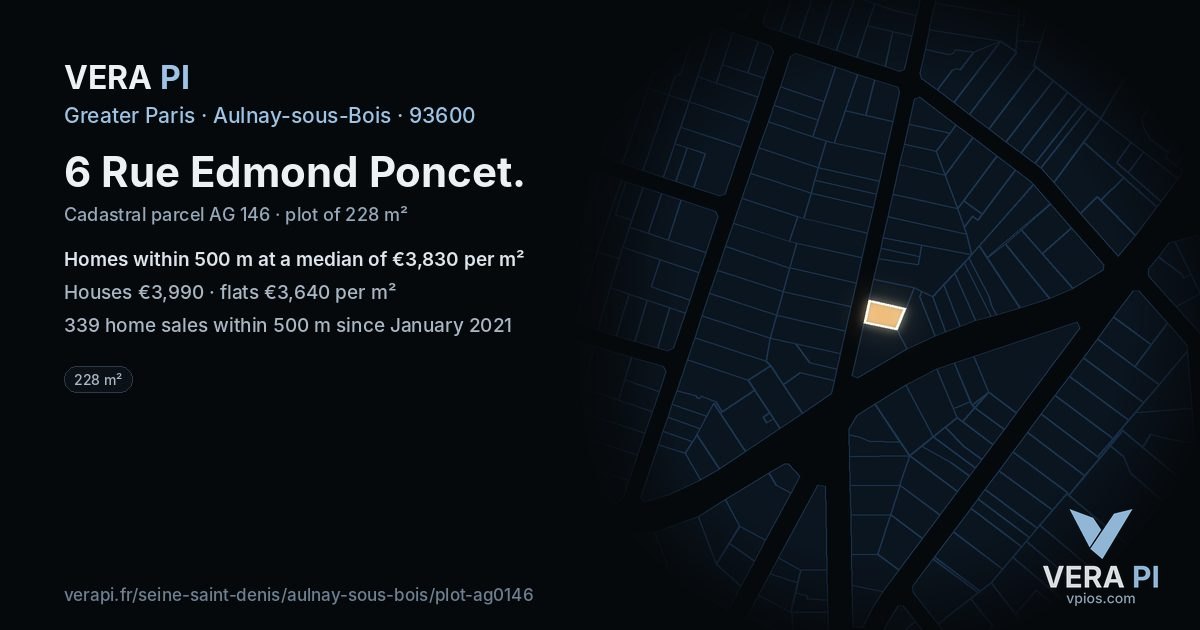 6 Rue Edmond Poncet, Aulnay-sous-Bois at night – the plot lit, the parcels around coloured by the prices near them