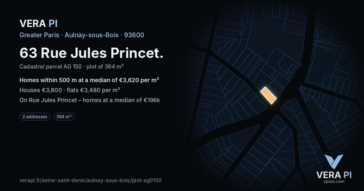 63 Rue Jules Princet, Aulnay-sous-Bois at night – the plot lit, the parcels around coloured by the prices near them