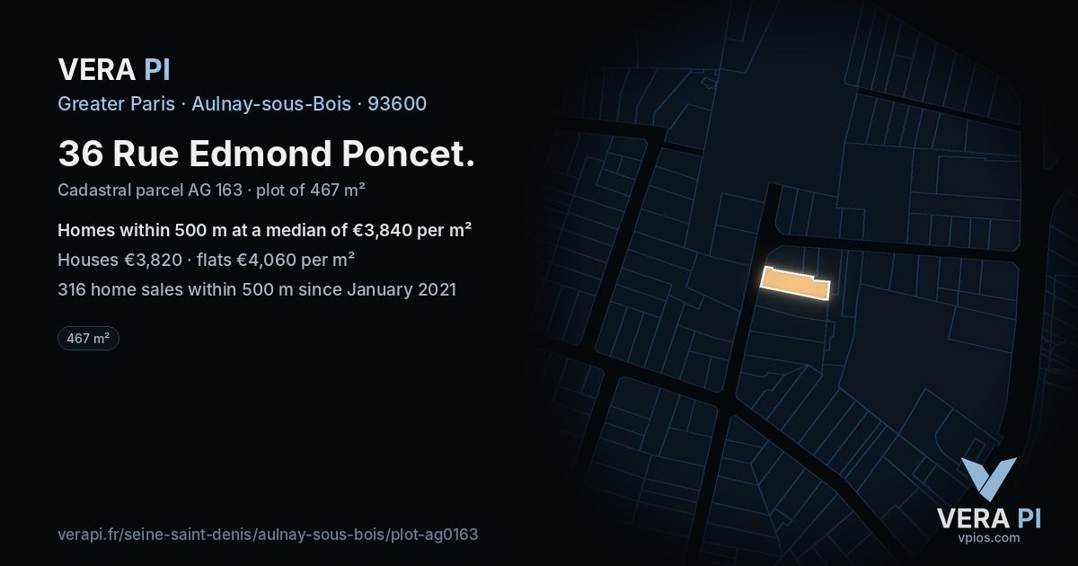36 Rue Edmond Poncet, Aulnay-sous-Bois at night – the plot lit, the parcels around coloured by the prices near them
