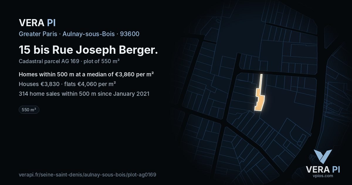 15 bis Rue Joseph Berger, Aulnay-sous-Bois at night – the plot lit, the parcels around coloured by the prices near them